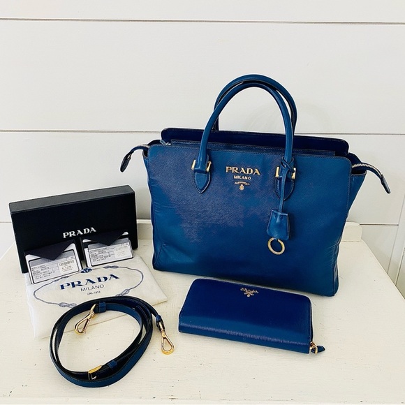 Prada Handbags - Prada Borsa A Mano Bluette Saffiano Tote Satchel Handbag + Porafolio Lamo Wallet